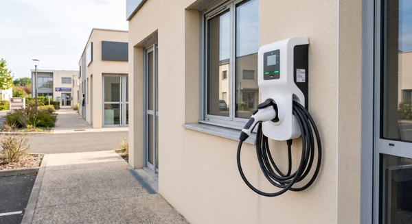 Borne de recharge murale pour véhicule électrique installée sur façade de bâtiment professionnel, boîtier blanc avec connecteur Type 2, câble intégré suspendu prêt à l'emploi, montage fixe sur mur crépi clair, écran de statut visible, installation tertiaire.