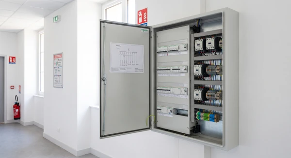 Armoire électrique tertiaire de marque Legrand ou Schneider Electric ouverte ou fermée, fixée au mur d'un couloir d'établissement scolaire communal. Boîtier métallique blanc ou gris clair, disjoncteurs modulaires visibles, schéma électrique sur porte intérieure. Environnement administratif lumineux : peinture blanche murale, signalétique de sécurité incendie, pas d'équipement de protection lourd (casque, lunettes). Installation conforme tertiaire collectivité.